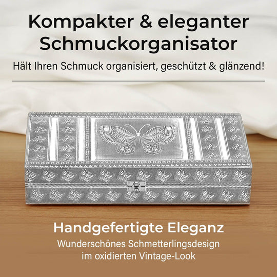 Handgefertigte Schmuckschatulle mit Lebensbaum-Motiv, oxidiertes Design, mit Spiegel und Fächern, ca. 38 x 20 x 7,6 cm, Silberfarben