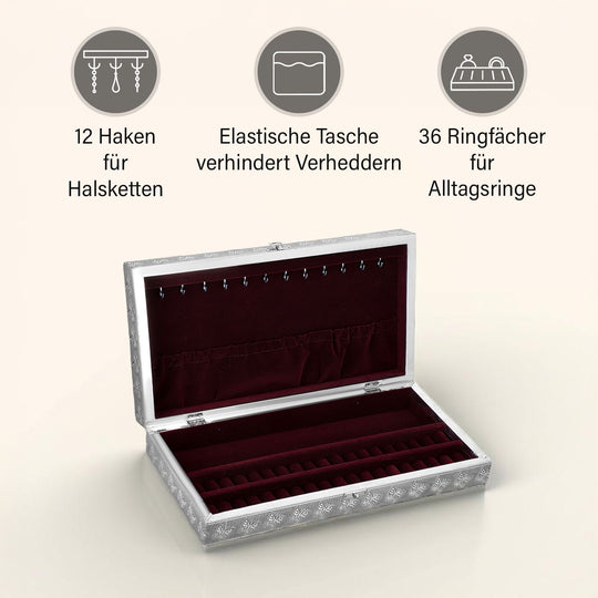 Handgefertigte Schmuckschatulle mit Lebensbaum-Motiv, oxidiertes Design, mit Spiegel und Fächern, ca. 38 x 20 x 7,6 cm, Silberfarben