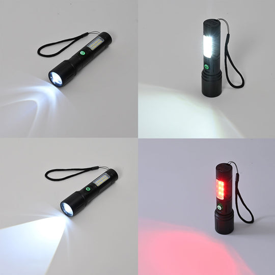 Wiederaufladbare LED-Taschenlampe mit 6 Lichtmodi und verstellbarem Kopf, 1200 mAh Akku, Aluminiumgehäuse, 35x138 mm, Schwarz
