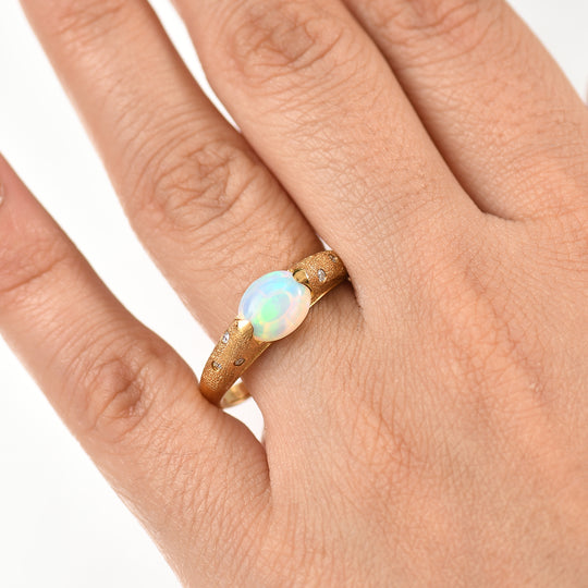 AA Natürlicher, äthiopischer Welo Opal, Moissanit Ring 925 Silber 750 Gelbgold Vermeil (Größe 20.00) ca. 1,35 ct