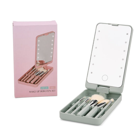 Aufbewahrungsbox mit LED-Spiegel und 5-teiligem Make-up-Pinselset, 16x9x3 cm, Grün