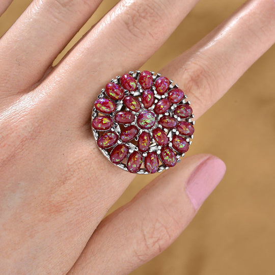 Simulierter Roter Opal Ring, flexibel (Größe 17.00-19.00), 316L Edelstahl