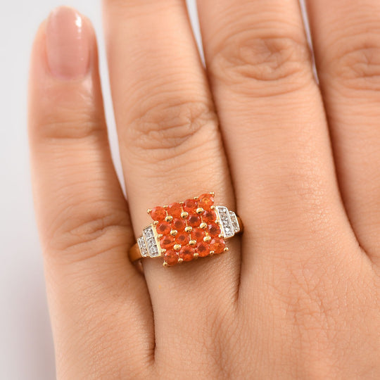 AAAA Blaze-Feueropal, Weißer Zirkon Ring 925 Silber 750 Gelbgold Vermeil (Größe 17.00) ca. 0,92 ct