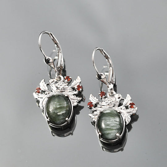 Viktorianische Blüte - Sibirischer Seraphinite, Rote Granat Ohrringe, 925 Silber platiniert ca. 5.43 ct