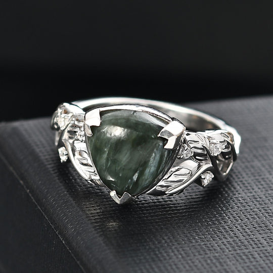 Viktorianische Blüte - Sibirischer Seraphinite, Weißer Zirkon Ring 925 Silber rhodiniert ca. 3.80 ct