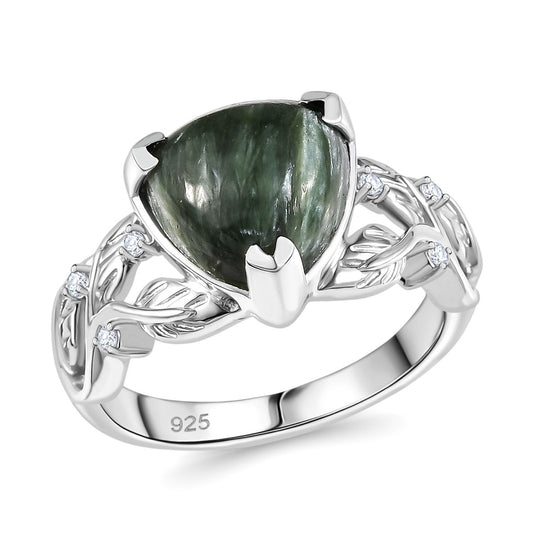 Viktorianische Blüte - Sibirischer Seraphinite, Weißer Zirkon Ring 925 Silber rhodiniert ca. 3.80 ct