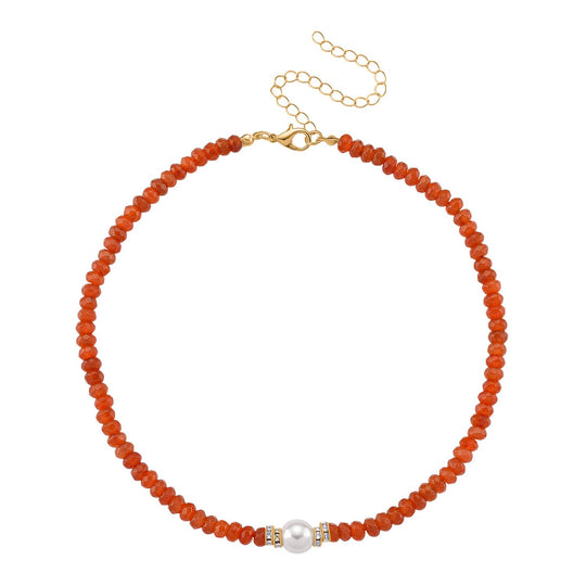 Muschelkernperle-Halskette mit Orangem Quarzit, verstellbar 40+10cm, goldfarben