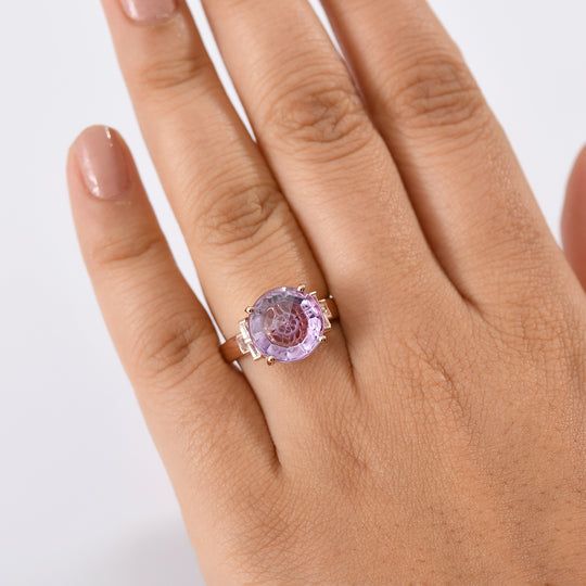 Zeitlose Art Kollektion - AA Rose De France Amethyst, Weißer Zirkon Ring 925 Silber 750 rosévergoldet (Größe 19.00) ca. 6.58 ct