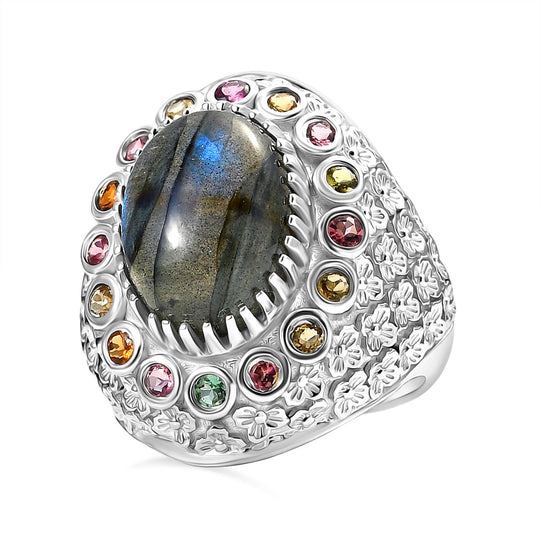 AAA Labradorit, Mehrfarbig-Turmalin Ring 925 Silber rhodiniert (Größe 21.00) ca. 7,70 ct
