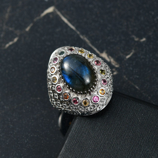 AAA Labradorit, Mehrfarbig-Turmalin Ring 925 Silber rhodiniert (Größe 21.00) ca. 7,70 ct