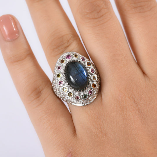 AAA Labradorit, Mehrfarbig-Turmalin Ring 925 Silber rhodiniert (Größe 21.00) ca. 7,70 ct