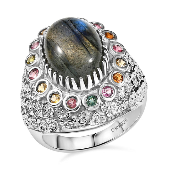 AAA Labradorit, Mehrfarbig-Turmalin Ring 925 Silber rhodiniert (Größe 21.00) ca. 7,70 ct