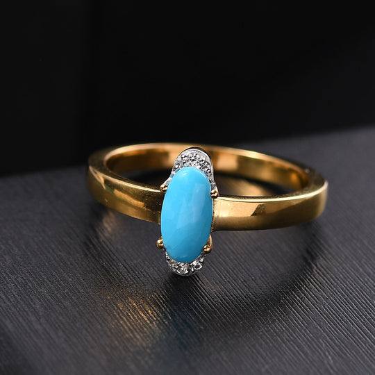 AA Sleeping Beauty Türkis, Weißer Zirkon Ring 925 Silber 750 Gelb Vergoldet (Größe 19.00) ca. 0,62 ct