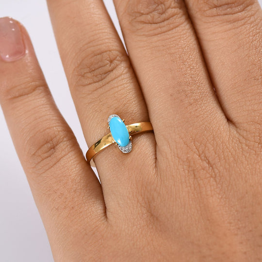 AA Sleeping Beauty Türkis, Weißer Zirkon Ring 925 Silber 750 Gelb Vergoldet (Größe 19.00) ca. 0,62 ct