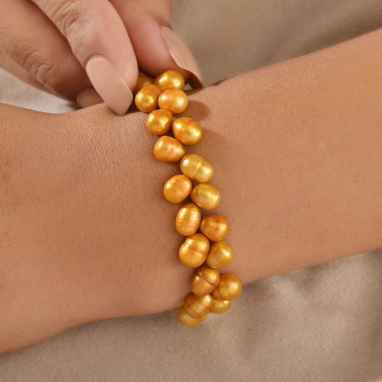 Golden gefärbtes Süßwasserperle Armband, 19+5cm, Edelstahl