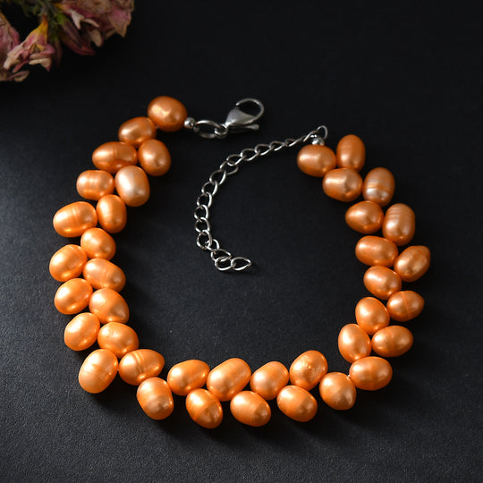 Orange gefärbtes Süßwasserperle Armband, 19+5cm, Edelstahl
