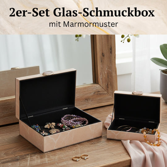 Set aus 2 Schmuckkästchen mit Marmor-Design aus Glas, Samtfutter, ca. 28 x 18 x 10 cm und 21 x 12 x 7 cm, Braun Schwarz-Marmor