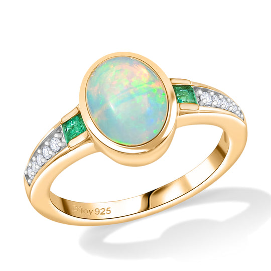 D'joy natürlicher, äthiopischer Welo Opal, Smaragd und Zirkon Ring, 925 Silber vergoldet - 1,44 ct.