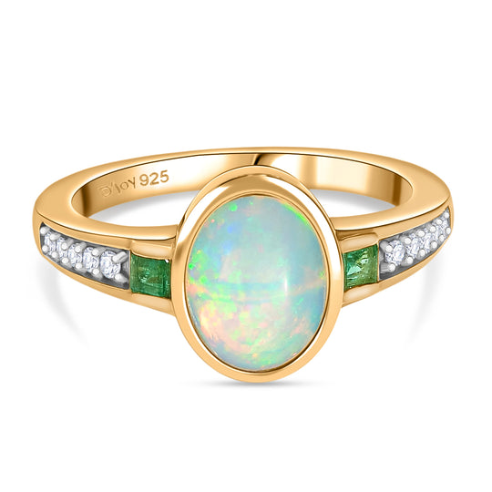 D'joy natürlicher, äthiopischer Welo Opal, Smaragd und Zirkon Ring, 925 Silber vergoldet - 1,44 ct.