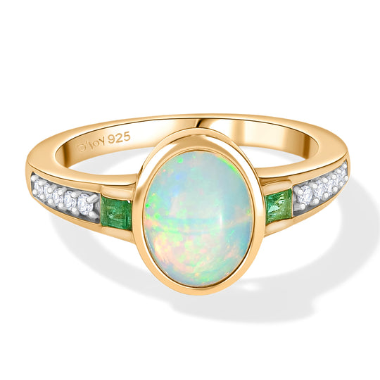 D'joy natürlicher, äthiopischer Welo Opal, Smaragd und Zirkon Ring, 925 Silber vergoldet - 1,44 ct.