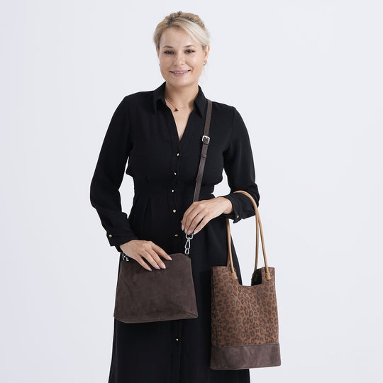 2er-Set Echtleder-Taschen, Shopper und Umhängetasche mit trendigem Leopardenmuster, Dunkelbraun