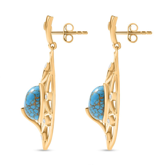 Blaues Türkis, Weißer Zirkon Ohrringe, Messing, goldfarben