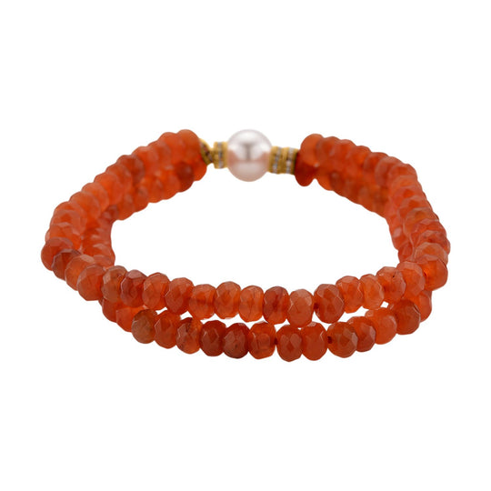Weiße Muschelkernperle (9-11 mm) Armband mit Orangem Quarzit und Weißem Kristall, flexibel (18-19 cm), Goldfarben