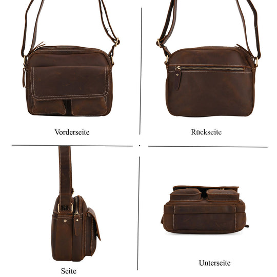 Echtleder-Crossbody-Tasche mit Überschlag und Mehrfachfächern, 25x8x18 cm, Khaki