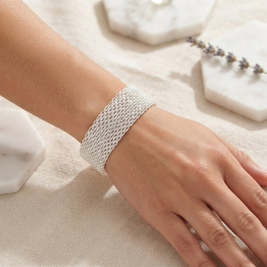Cuff-Armband im Mesh-Design, Nickelfreies Messing, ca. 19 cm mit 5 cm extender, Silberfarben