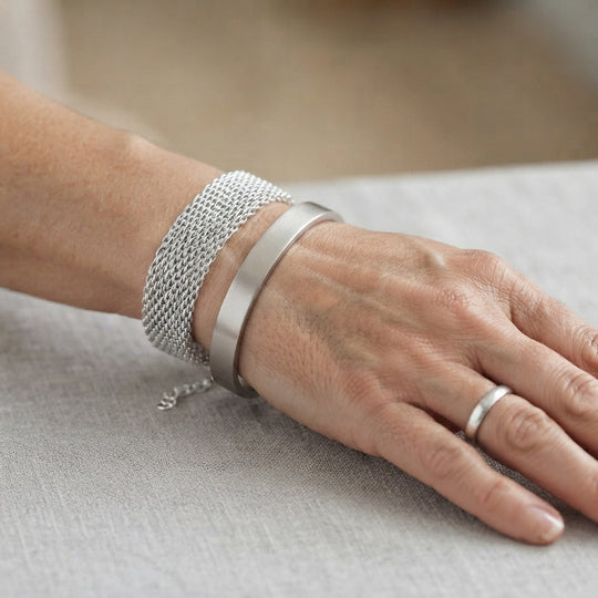 Cuff-Armband im Mesh-Design, Nickelfreies Messing, ca. 19 cm mit 5 cm extender, Silberfarben