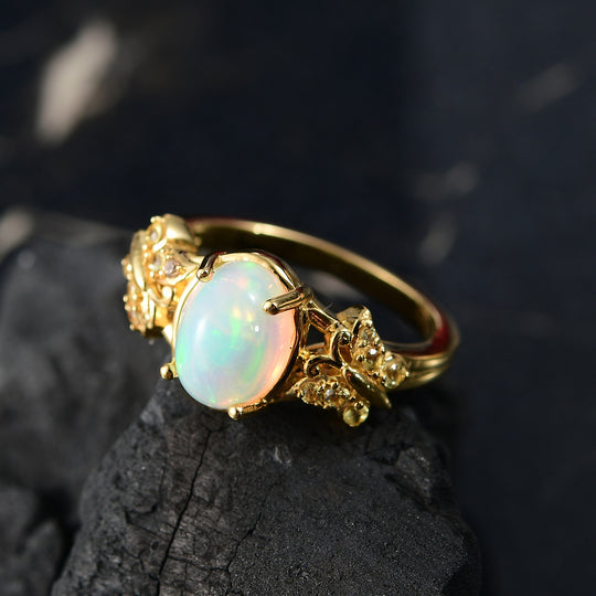 AA Natürlicher, äthiopischer Welo Opal, Gelber Saphir Ring 925 Silber vergoldet (Größe 17.00) ca. 1,44 ct