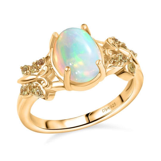 AA Natürlicher, äthiopischer Welo Opal, Gelber Saphir Ring 925 Silber vergoldet (Größe 17.00) ca. 1,44 ct