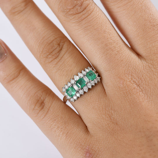 Smaragd, Moissanit Ring 925 Silber rhodiniert (Größe 19.00) ca. 1,62 ct