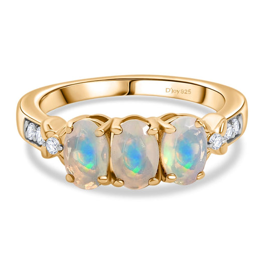 Djoy Natürlicher, äthiopischer Welo Opal, Weißer Zirkon Ring 925 Silber 750 Gelb Vergoldet (Größe 18.00) ca. 1.04 ct