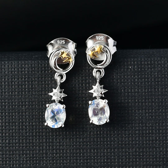 D joy AAA Premium Malagasy Mondstein, Weißer Zirkon Celestial Echoes Ohrringe 925 Silber Zweifarbige Beschichtung ca. 0.76 ct