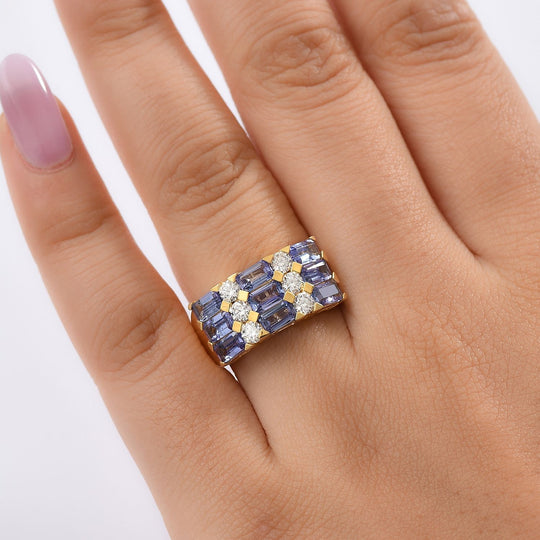 D joy Tansanit, Moissanit Ring 925 Silber 750 Gelbgold Vermeil (Größe 18.00) ca. 3.23 ct