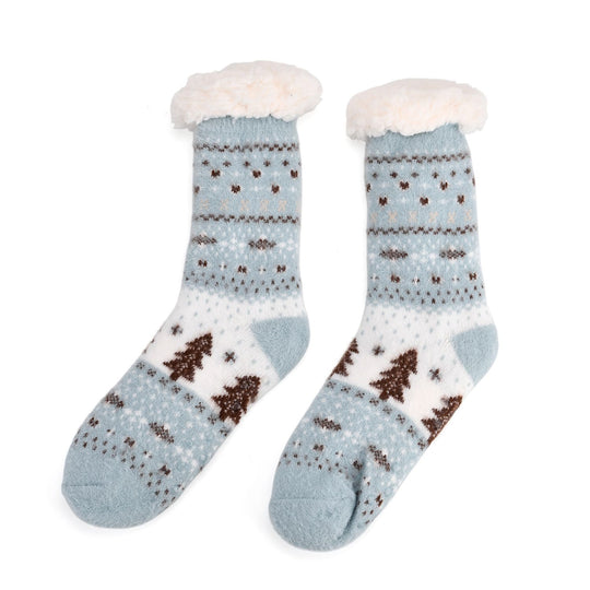 Kuschelige Sherpa-Socken mit Weihnachtsbaum-Motiv, Sandbeige
