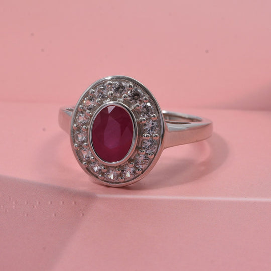 Natürlicher burmesischer Rubin, Weißer Zirkon Ring 925 Silber rhodiniert (Größe 19.00) ca. 1.32 ct