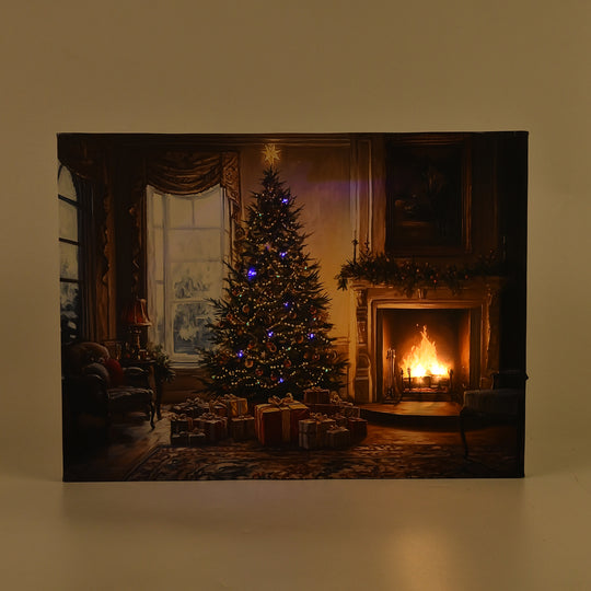 LED-Leinwandbild Gemütliche Weihnachtsstube mit Kamin, mit 3 warmweißen LEDs und 30 Lichtfasern, Größe 30x40x1,8 cm