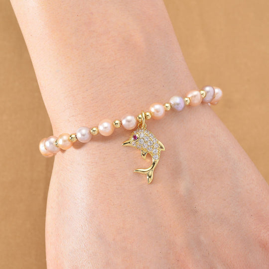 Mehrfarbiges Süßwasser Perle (4-5mm) und Zirkonia Armband mit Seestern-Anhänger, 19+5cm, Messing