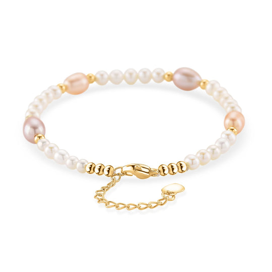 AAA Mehrfarbige Süßwasser Perle Armband ca. 18cm + 2.5cm Extender, Nickelfreies Messing gelb vergoldet