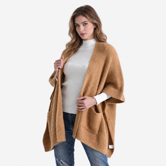 LA MAREY offene Strickjacke in Poncho-Optik, 70 x 90 cm, Khaki