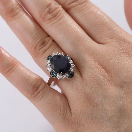 Masoala Saphir (Fissure gefüllt), Blauer Diamant Ring 925 Silber rhodiniert (Größe 17.00) (10-15 Werktage Lieferzeit) ca. 8.50 ct