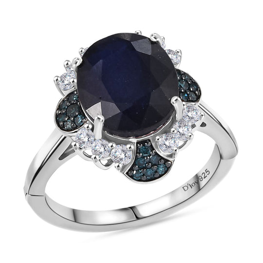 Masoala Saphir (Fissure gefüllt), Blauer Diamant Ring 925 Silber rhodiniert (Größe 17.00) (10-15 Werktage Lieferzeit) ca. 8.50 ct