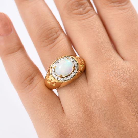 D'Joy AA Natürlicher, äthiopischer Welo Opal, Weißer Zirkon Ring 925 Silber 750 Gelbgold Vermeil (Größe 20.00) ca. 2,13 ct