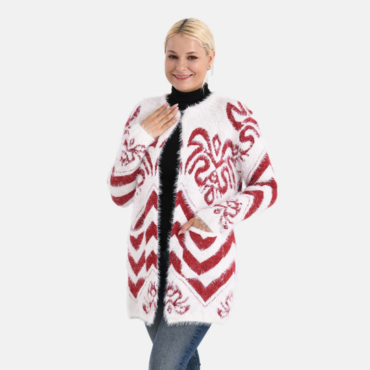Cardigan mit abstraktem Blumenmuster und Taschen, One Size, Länge 78 cm, Rot