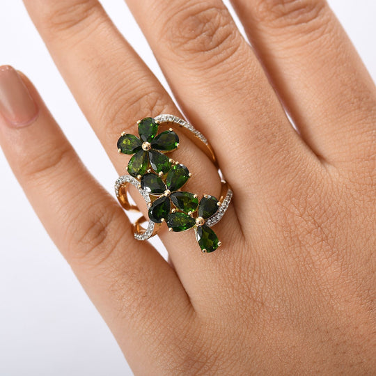 Natürlicher Chromdiopsid, Weißer Zirkon Ring 925 Silber 750 Gelbgold Vermeil (Größe 20.00) ca. 5.70 ct