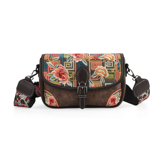 Bestickte Kunstleder Crossbody Tasche, Blumen Design, 22 x 8 x 16 cm, Schwarz