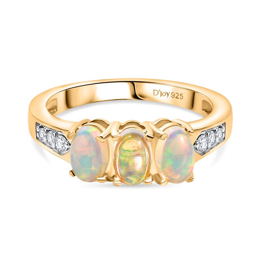 D joy AA Natürlicher, äthiopischer Welo Opal, Weißer Zirkon Ring 925 Silber 750 Gelb Vergoldet (Größe 18.00) ca. 1.03 ct