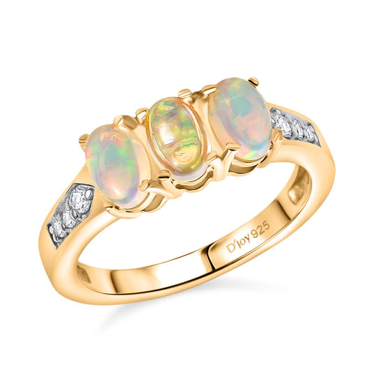 D joy AA Natürlicher, äthiopischer Welo Opal, Weißer Zirkon Ring 925 Silber 750 Gelb Vergoldet (Größe 18.00) ca. 1.03 ct